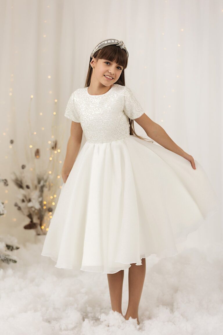Elegant ivory organza dress with ribbons on the back for girls Arienne