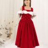 Elegant midi red velvet dress with white ribbon and pearls for girls Scarlett