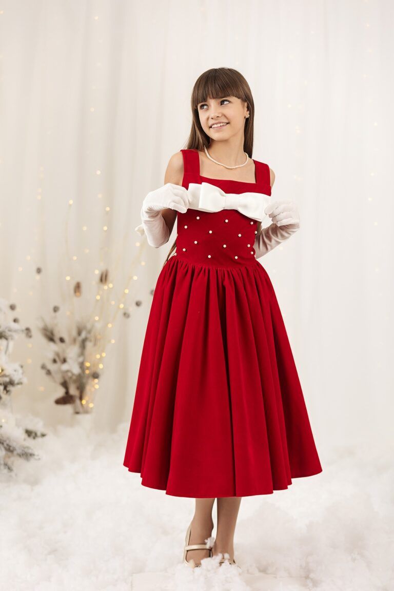 Elegant midi red velvet dress with white ribbon and pearls for girls Scarlett